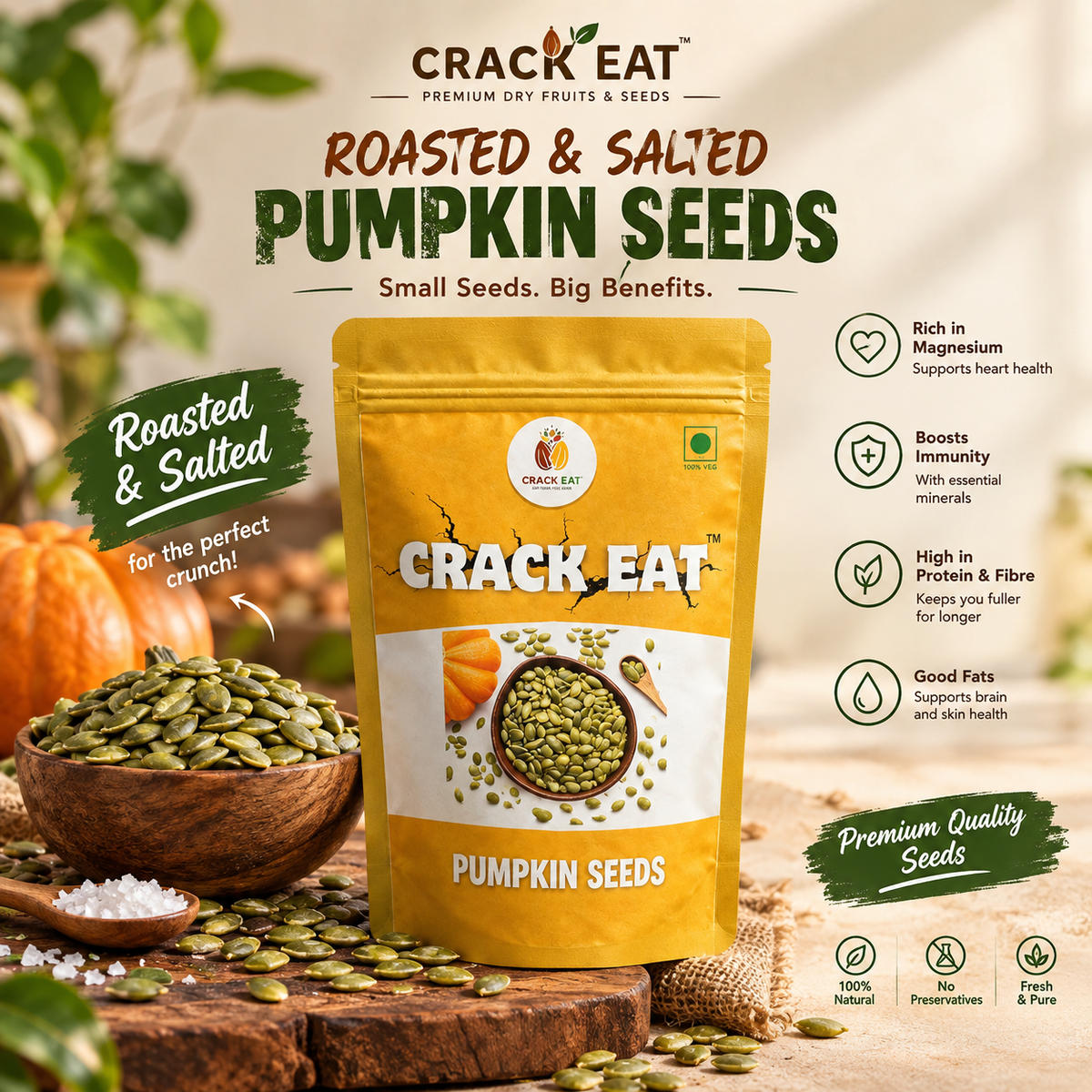 CrackEat Roasted & Salted Pumpkin Seeds – Premium Crunchy Snack
