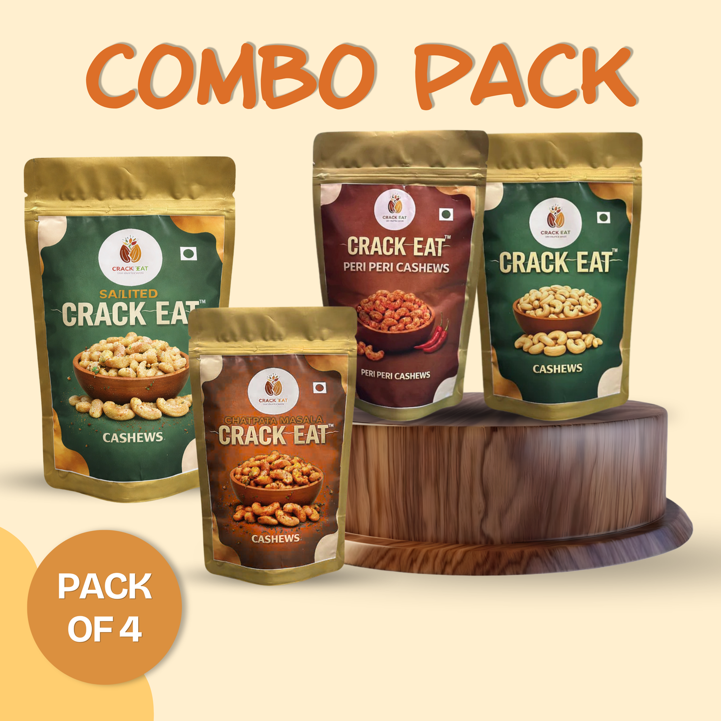 Pack of ( Peri Peri Cashew, Whole Cashew, Salted Kaju, Chatpata Kaju )