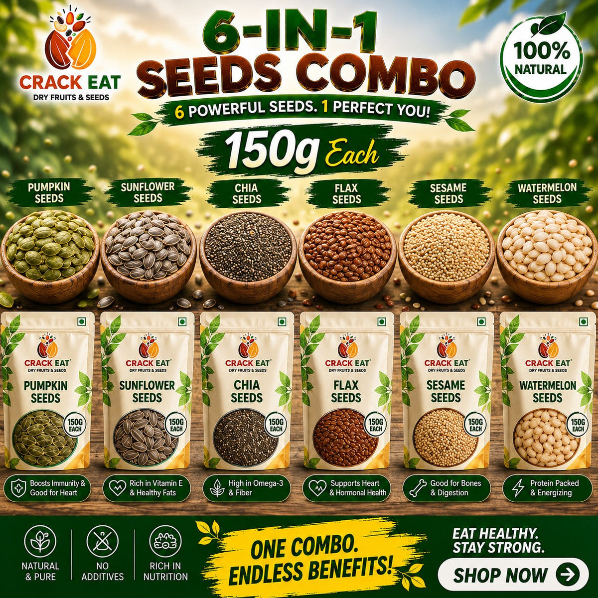 Combo Pack of Sunflower, Pumpkin, Flax,Chia, Watermelon & Sessame Seeds.